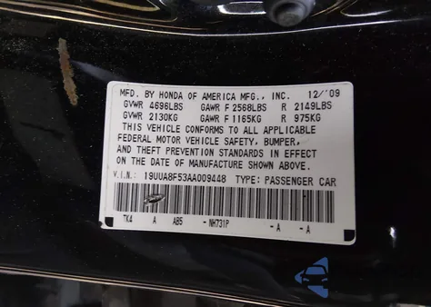 2010 Acura Tl 3.5 из США, поврежденный, VIN 19UUA8F53AA009448